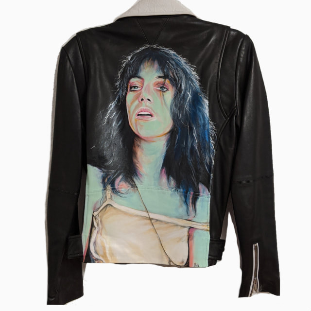 Patti Smith, Patti Smith portrait, Patti Smith painted leather jacket, Veda leather